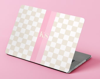 Custom MacBook Case, Air, Pro, Personalized Laptop Cover, 2-Pieces, Monogram Tech, Preppy, Initials, Name, Checker, Stripes, Green Pink Blue