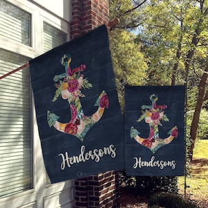 Personalized Flag, Welcome Garden Flag, Welcome House Flag, Nautical Beach Boating Decor, Beachy Bungalow Decor, Floral Anchor Flag Decor