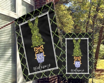 Easter Welcome Flag, House Flag, Garden Flag, Yard Flag, Modern Farmhouse Outdoor Decor, Rustic, Bunny, Topiary Bunny Rabbit, Easter Eggs