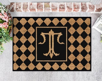 Door Mat, Personalized Mat, Outdoor Indoor Mat, Floor Entry Mat, Large Doormat, Printed Burlap, Monogram Initial, Diamond, Checker, Preppy