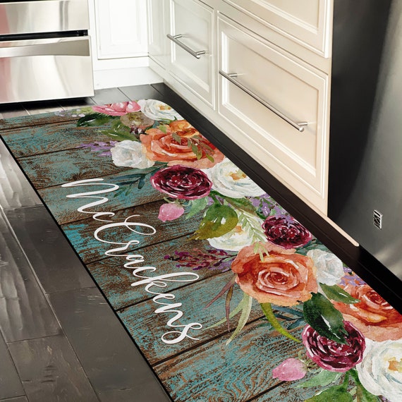 Runner Floor Mat, Personalized Rug, Large Kitchen Rug, Bathroom  Personalized Mat, Cushion Mat, Custom Floor Mat, Faux Farmhouse Wood  Florals 