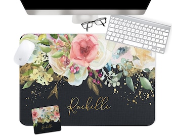 Custom Desk Pad, Multiple Sizes, Personalized Desk Cushion Pad, Monogrammed Desk Blotter Pad, Large Mouse Pad, Rachelle Dark Gold Florals