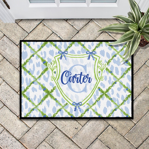 Door Mat, Personalized Mat, Outdoor or Indoor Mat, Floor & Entry Mat, Large Doormat, Chinoiserie, Preppy, Ginger Jar, Blue Green Topiaries