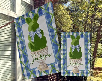 Easter Personalized Flag, Monogram Garden, Custom House Flag, Modern Farmhouse Decor, Rustic, Bunny, Topiary Bunny, Blue Buffalo Check Plaid