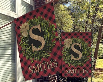 Custom Christmas Flag, Holiday Flag, House Flag, Garden Flag, Personalized Flag, Monogram, Boxwood Buffalo Check Red Black Burlap Holiday