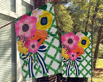 Welcome Garden Flag, House Flag, Garden Flags, Porch Flags, Yard Flags, Chinoiserie, Preppy, Fun Bright Flowers, Green Vines, Bow