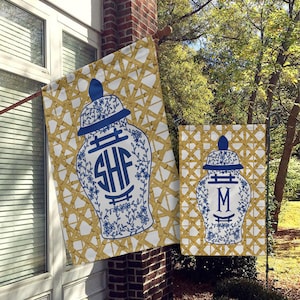 Personalized Flag, Monogram Garden Flags, Custom House Flag, Modern Preppy Flag, Blue Ginger Jar, Wicker, Bamboo, Monogrammed Initial Letter