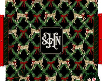 Custom Mahjong Mat, 31.5", Neoprene, Personalized, Monogrammed, Letter, Initial, Winter, Holiday, Christmas, Leopards, Bows, Pattern, Merry