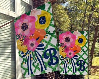 Personalized Flag, Monogram Garden Flags, Custom House Flag, Modern Preppy Flags, Fun Flowers, Vines, Spring Flag, Initial, Lettter