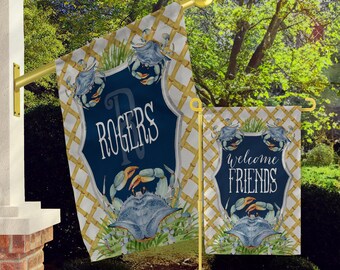 Personalized Flag, Monogram Garden Flags, Custom House Flag, Beach, Ocean Animals, Coastal Preppy, Maximalist, Crab, Crawfish, Bayou Flag