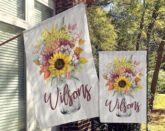 Personalized Flag, Welcome Garden Flag, Welcome House Flag, Farmhouse Garden Flag, Floral Mason Jar Decor, Yard Decor, Sunflower Outdoor