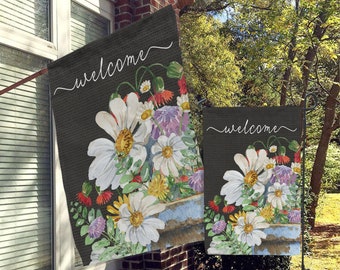 Welcome Flags, House Flags, Garden Flags, Porch Flags, Yard Flags, Garden Florals, Summer Spring Floral Daisy Decor