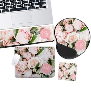 Personalized Mouse Pads, Keyboard Wrist Rest, Custom Gel Mouse Pad, Monogrammed MousePad, Pink White Flowers, Girly Peony Design image 1