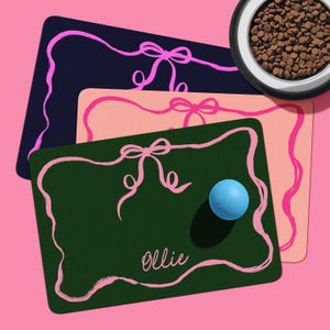 May include: A green, pink, and peach dog placemat with a pink bow and the name "Ollie" written in pink. The placemat has a wavy edge.