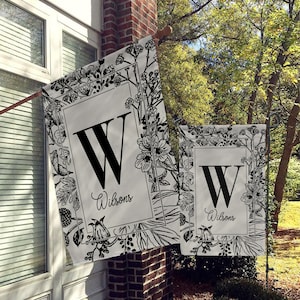 Personalized Garden Flag, Custom Garden House Flag, Floral Garden Flag, Minimalist Modern Decor, Cream and black Flowers