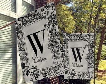 Personalized Garden Flag, Custom Garden House Flag, Floral Garden Flag, Minimalist Modern Decor, Cream and black Flowers