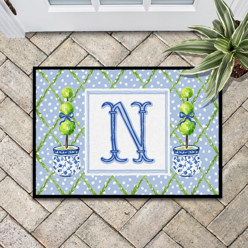 Door Mat, Personalized Mat, Outdoor or Indoor Mat, Floor & Entry Mat, Large Doormat, Chinoiserie, Preppy, Ginger Jar, Blue Topiary, Initial