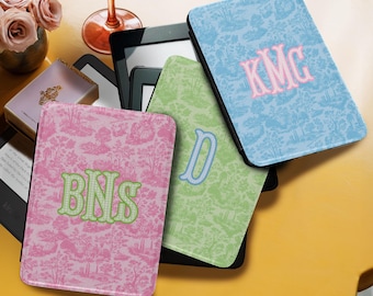Personalized Kindle Case, 6", 6.8", 7" Paperwhite Colorsoft Signature, Custom Initials, Monogram, Pastel Preppy Toile, pink, blue, green