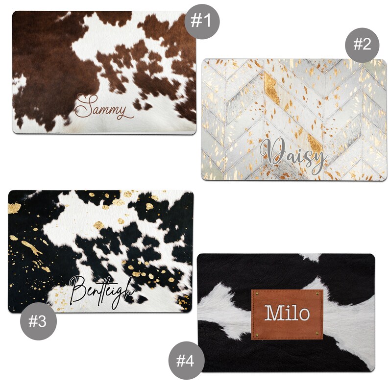 K&ouml;nnte beinhalten: Vier verschiedene Kuhfellteppiche mit personalisierten Namen. Die Teppiche sind in verschiedenen Mustern und Farben, darunter Braun, Schwarz, Wei&szlig; und Gold. Die Namen sind "Sammy", "Daisy", "Benteigh" und "Milo".
