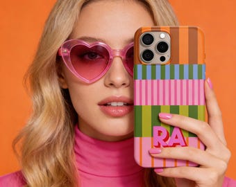 Coque de portable personnalisée avec initiale ombre, nom personnalisé, iPhone 16, 15, Magsafe, Pro, Plus, rayures, brillant, maximaliste, bloc de couleur