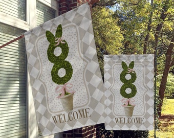 Easter Welcome Flag, House Flag, Garden Flag, Yard Flag, Modern Minimalist Outdoor,Harlequin, Checkers, Diamond, Bunny, Topiary Bunny Rabbit