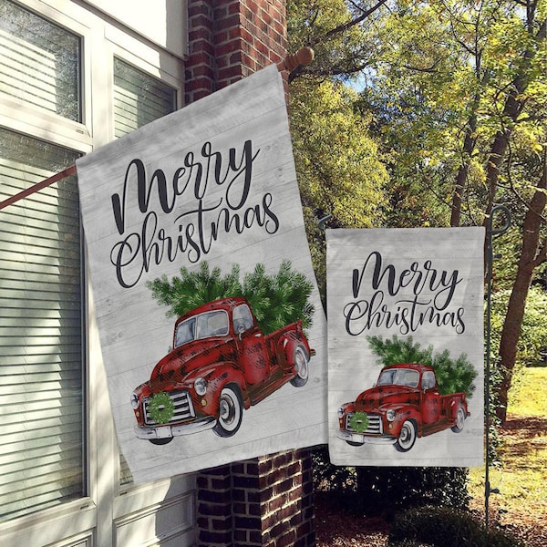 Christmas Flag, Holiday Flag, Merry Christams Flags, Santa Flags, Welcome Flags, House Flags, Garden Flags, Holiday Outdoor Decor, Red Truck