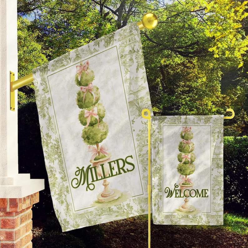 Personalized Flag, Monogram Garden Flags, Custom House Flag, Modern Preppy Flags, Green Vintage Topiary, Bows, Antique Toile, Initial, Name
