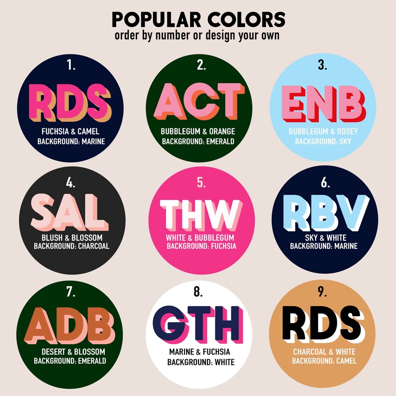 May include: Nine colorful circles with numbers 1 through 9, each containing a three-letter acronym and a description of the colors represented. For example, circle 1 shows "RDS" with the description "FUCHSIA & CAMEL BACKGROUND: MARINE".