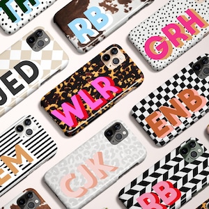 Personalized Shadow Initial Phone Case, Custom Name, iPhone 16e, 15, 14, 13, 12, Magsafe,Pro Max, Plus,Mini, Tortoise, Cow, Checker, Stripes