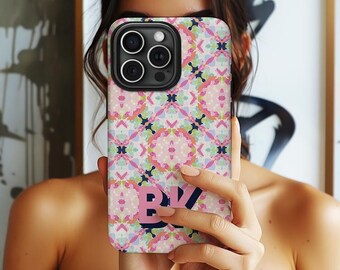 Personalized Phone Case, Custom Name, iPhone 16, 15, Magsafe, Large Shadow Initials, Pink, Blue, White,  Navy, Preppy, Watercolor Abstract