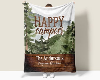 Happy Campers Camping Blanket, Personalized Motorhome Blanket, Custom RV Lover Blanket, Family Present, Happy Camper Gift, Camp Trailer