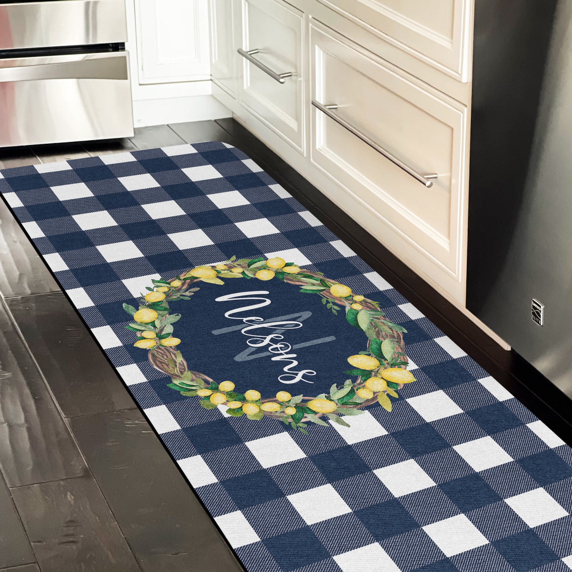Runner Floor Mat, Personalized Rug, Large Kitchen Rug, Bathroom Personalized Mat, Cushion Mat, Custom Floor Mat, Blue Buffalo Check Lemons