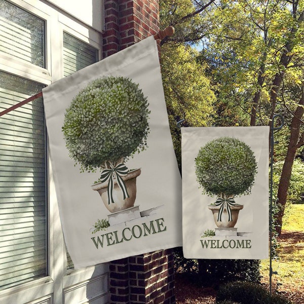 Welcome Flags, House Flags, Garden Flags, Porch Flags, Yard Flags, Antique Topiary, Vintage Topiary Black White Bow, Preppy Modern Outdoor