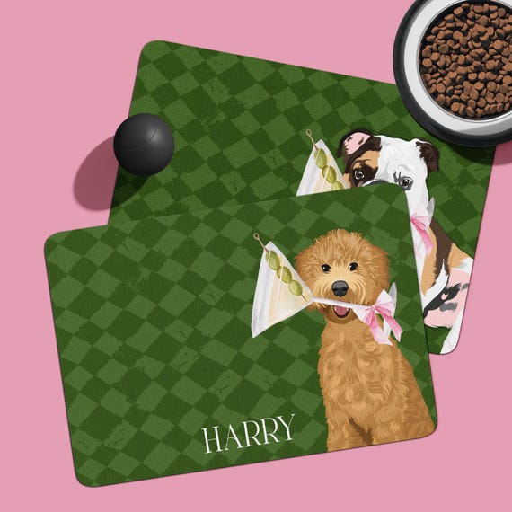 Personalized Dog Food Mat, Multiple Sizes, Pet Food Place mat, Custom Pet Floor Mat, Monogram Pet, Name, Diamonds, Martini, Portrait Art