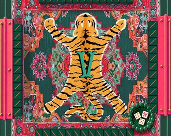 Custom Mahjong Mat, Neoprene, Personalized, Monogram, Letter, Initial, Preppy, Chinoiserie, Tiger Oriental Rug Design