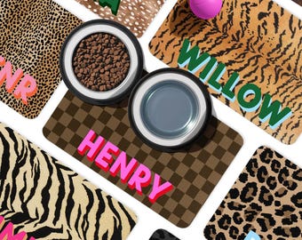 Personalized Dog Food Mat, Multiple Sizes, Pet Food Place mat, Custom Pet Floor Mat, Monogram Pet, Cat, Name, Zebra, Leopard, Checker, Tiger