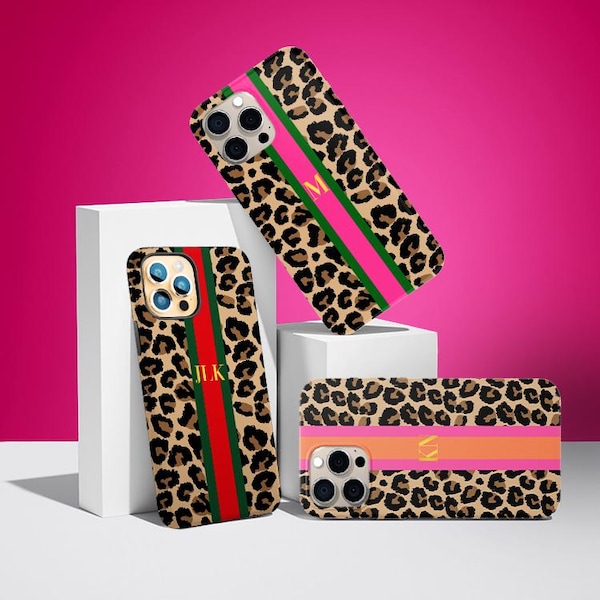 Funda de teléfono personalizada con inicial y nombre personalizado para iPhone 17e, 16, 15, 14, Magsafe, Pro Max, Plus, Mini. Rayas preppy, guepardo, leopardo, verde y rojo.