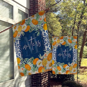 Personalized Garden Flag, Custom Garden House Flag, Monogram Flag, Farmhouse Garden Flag, Blue Citrus Oranges Crest Initial Italian Design