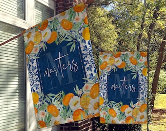 Personalized Garden Flag, Custom Garden House Flag, Monogram Flag, Farmhouse Garden Flag, Blue Citrus Oranges Crest Initial Italian Design