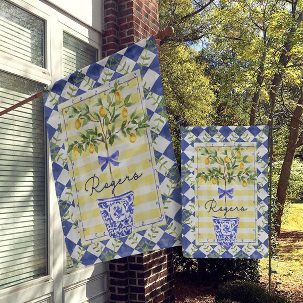 Personalized Flag, Monogram Garden Flags, Custom House Flag, Modern Farmhouse Flags, Rustic Country Yard Decor, Blue Harlequin Lemon Tree