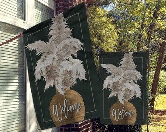 Welcome Garden Flag, House Flag, Garden Flags, Porch Flags, Yard Flags, Boho Modern Minimalist Decor, Dark Green, Pampas Grass, Pottery