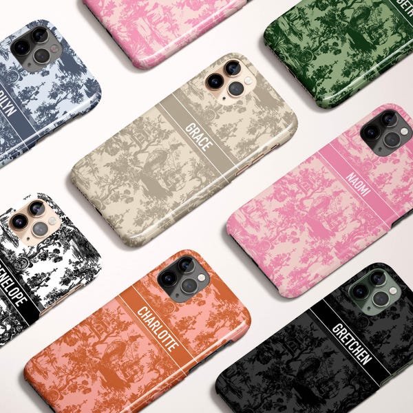 Funda personalizada para teléfono con nombre, iniciales personalizadas, iPhone 16, 15, 14, 17, 12, MagSafe, Pro Max, Plus, Mini, rosa, verde, azul, estampado Toile de colores