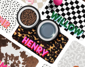 Personalized Dog Food Mat, Multiple Sizes, Pet Food Place mat, Custom Pet Floor Mat, Monogram Pet, Cat, Name, Tortoise, Cow, Dots, Checker