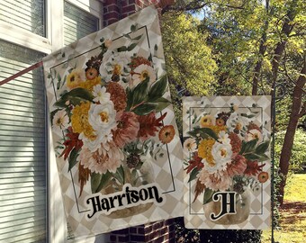 Personalized Garden Flag, Custom Garden House Flag, Boho Flag, Modern Minimalist, Tan Cream Harlequin, Checker, Diamond with Flowers