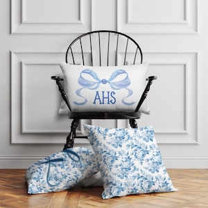 Personalized Pillow Cover, Monogram Initial, Custom Pillow Case,Preppy Grand millenial, Fancy Rose Pattern,Light Blue,Love Ribbon,Coquette
