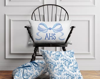 Personalized Pillow Cover, Monogram Initial, Custom Pillow Case,Preppy Grand millenial, Fancy Rose Pattern,Light Blue,Love Ribbon,Coquette