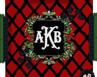 Custom Mahjong Mat, 31.5", Neoprene, Personalized, Monogrammed, Letter, Initial, Winter, Holiday, Christmas, Wreath, Gift, Holly