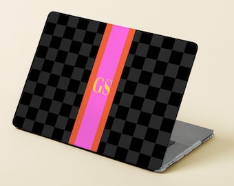 Custom MacBook Case, Air, Pro, Personalized Laptop Cover, 2-Pieces, Monogram Tech, Preppy, Initial, Name, Black Checker, Stripes, Green Pink