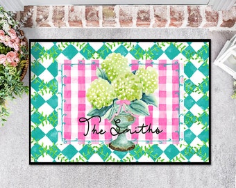 Door Mat, Personalized Mat, Outdoor or Indoor Mat, Floor Entry Mat, Large Doormat, Hydrangeas, Preppy, Vines, Name and Initial Gift, Flowers