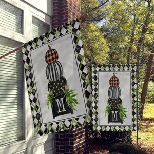 Personalized Flag, Custom Fall Garden & House Flag, Farmhouse Garden Flag, Harvest Farmhouse Decor, Pumpkin Topiary Chinoiserie, Stripe Dots